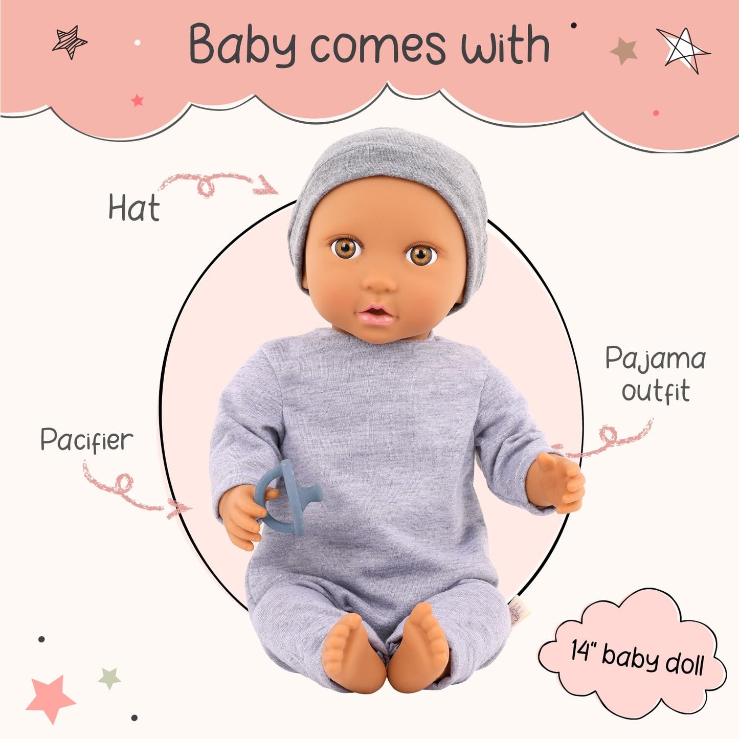 LullaBaby - 14-Inch Realistic Baby Doll - Hazel Eyes & Soft Body - Romper & Pacifier - Jumpsuit & Hat - Pretend Play - Baby Boy Doll- Ages 2+