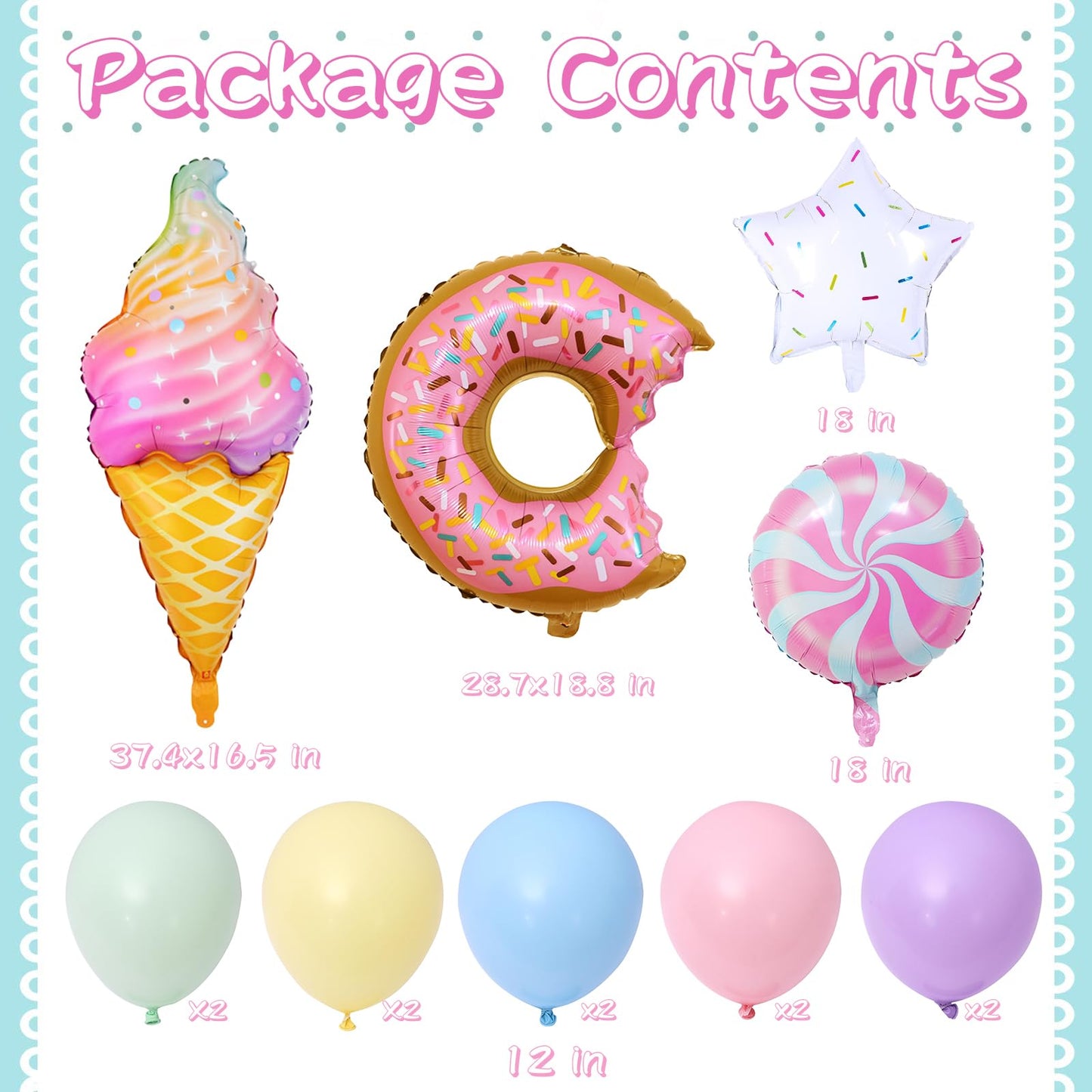 Pink Purple Blue Green Yellow Macaron Latex Balloons, Foil Donut Ice Cream Candy Balloon Sweet One Backdrops for Girls Women Birthday Party