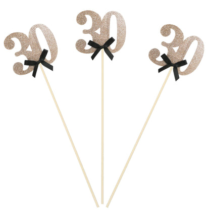 Siipoo Rose Gold Glitter 30th Birthday Centerpiece Sticks with Bow 30th Table Toppers Flower Toppers for Birthday Anniversary Table Party Decorations