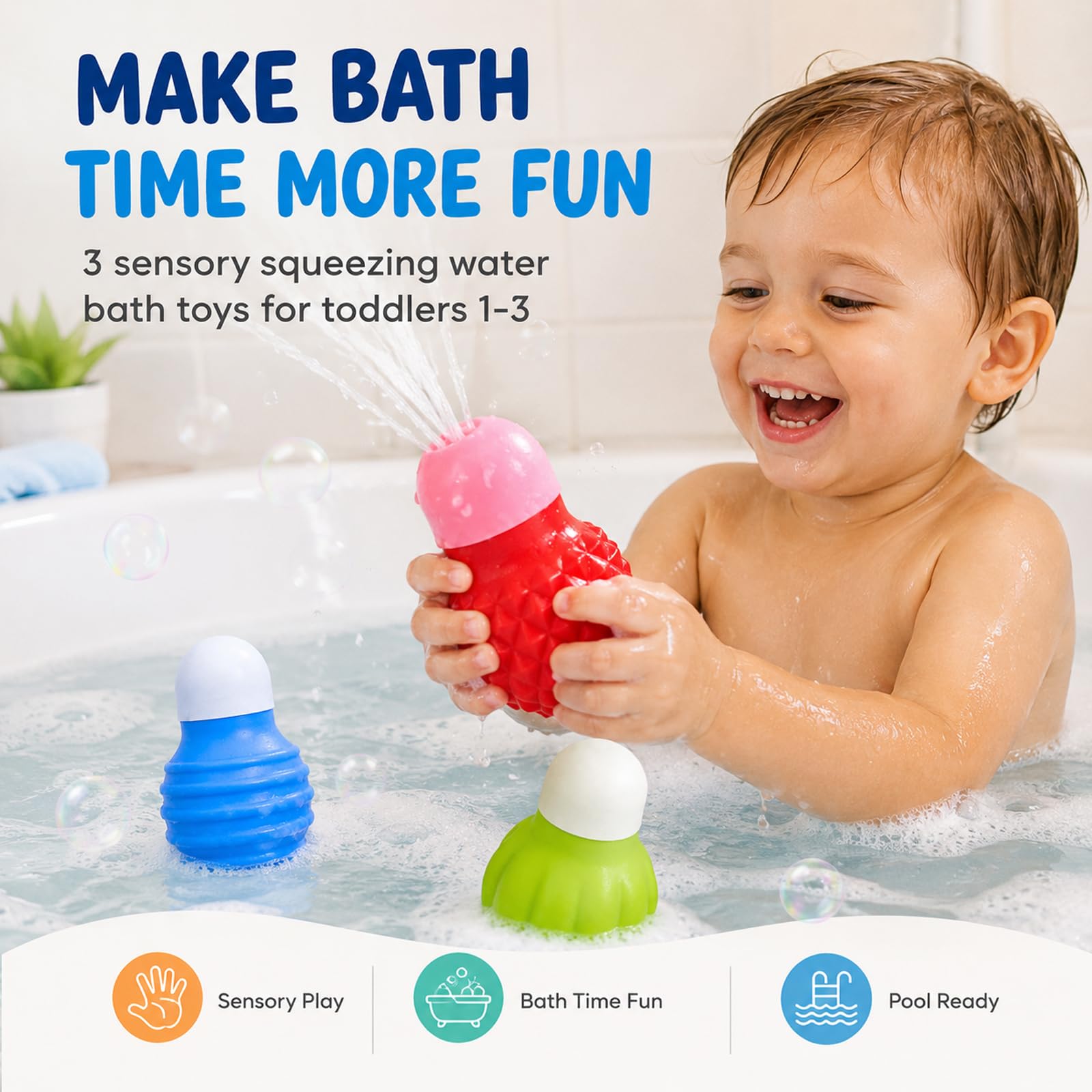 3 Pack Sensory Squeezing Water Bath Toys for Toddlers 1-3, Soft Silicone Bathtub Water Spray Toys, Textured Pool Floating Toys for Babies Kids, Fun