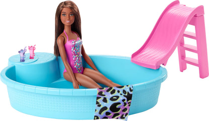 Barbie Doll & Pool Playset with Accessories that Include a Pink Slide, Beverages & Towel, Brunette Fashion Doll in Floral Swimsuit
