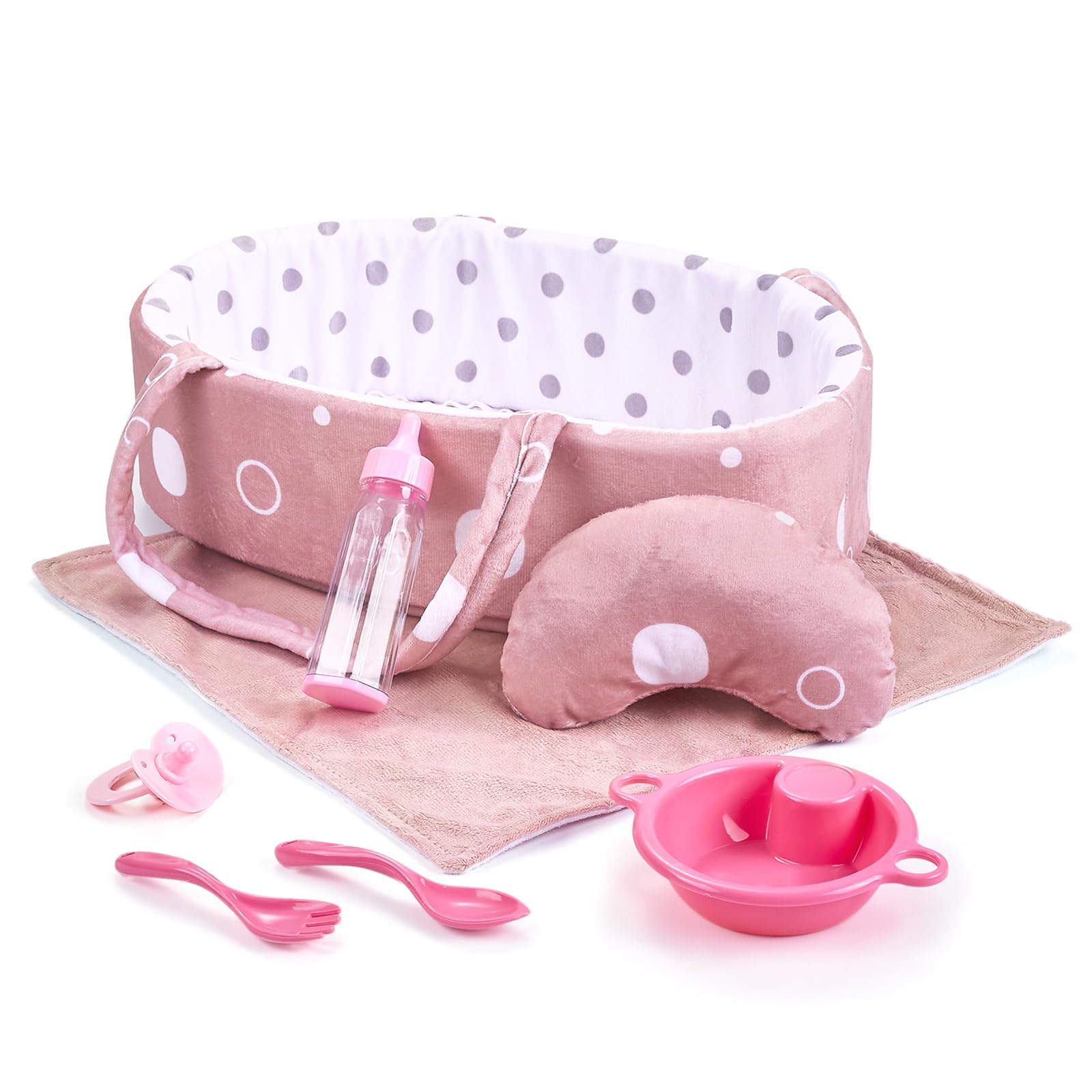 Enjoyin 8 Pcs Baby Doll Accessories Set Includes Feeding Bottle, Pacifier, Blanket, Pillow, Tablewares and Bassinet Carrier for 9'' to 12'' Dolls