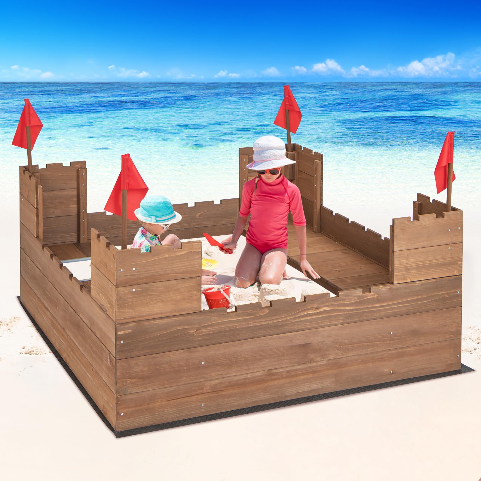 HONEY JOY Kids Sandbox, Cedar Bottomless Sand Pit for Backyard, 4 Red Flags & Bottom Liner, Side Bench & 2 Boxes, Wooden Sand Boxes for Kids Outdoor