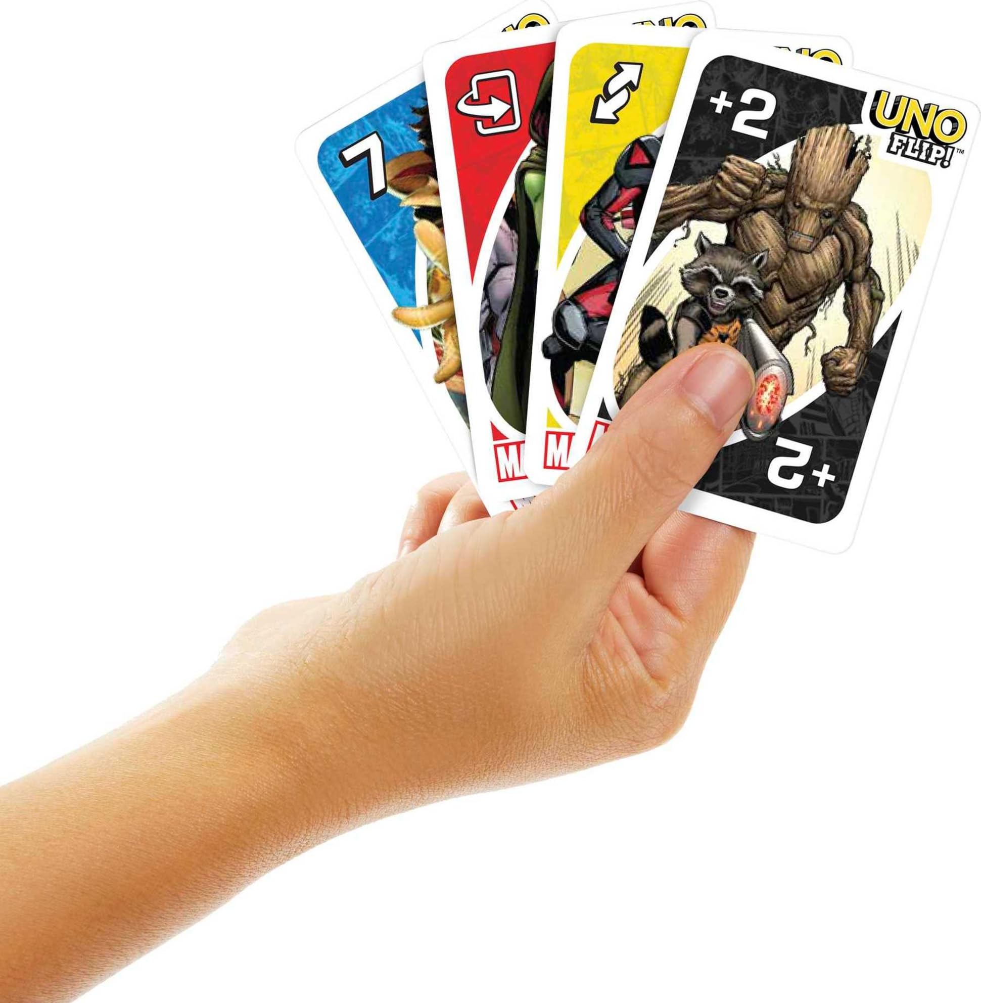 Mattel Games UNO Flip! Marvel Card Game for Kids, Adults & Family Night with Double-Sided Cards, Heroes vs. Villains