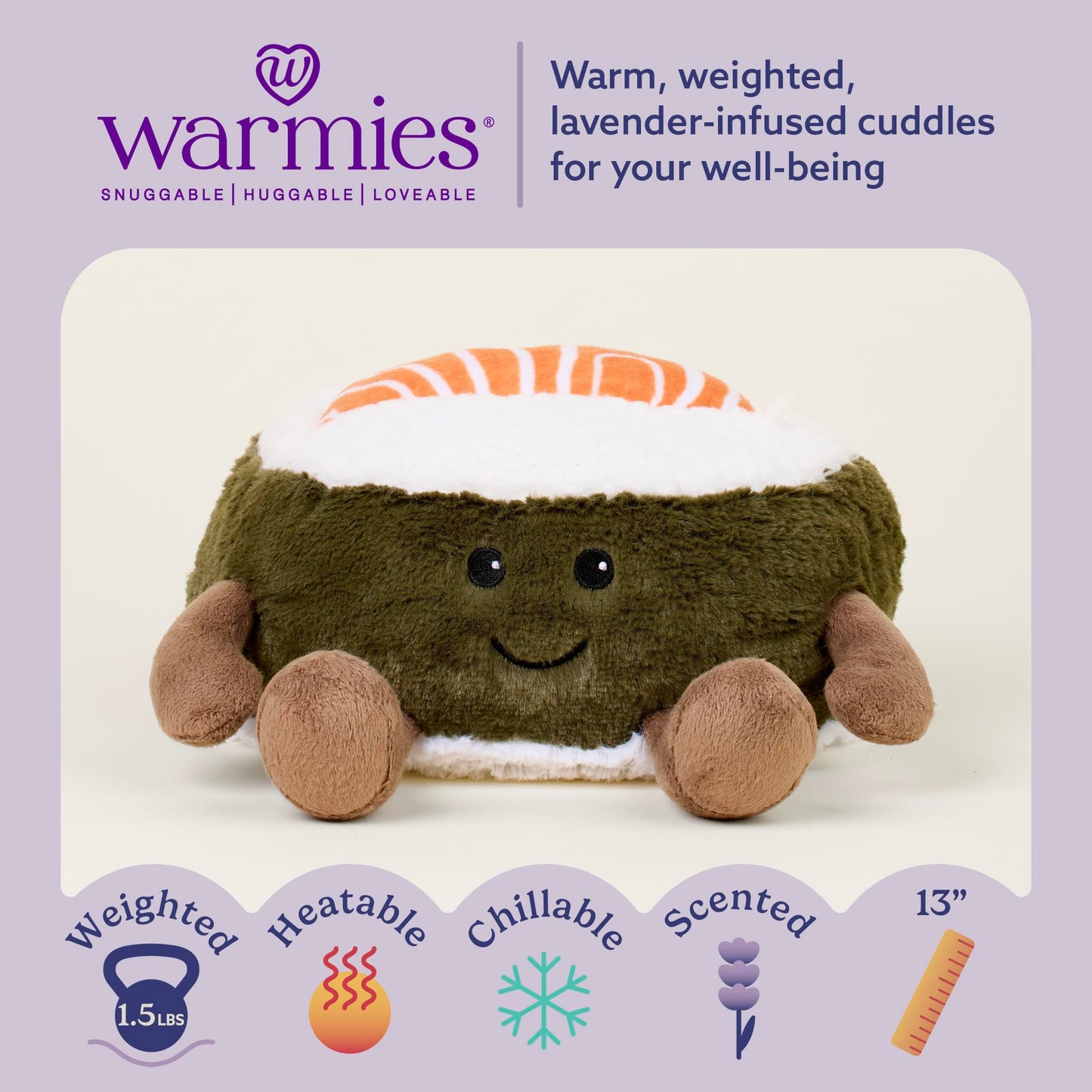 warmies Microwavable & Weighted Stuffed Animals, Salmon Sushi - Heated Stuffed Animal Plushie for Warmth & Comfort - Cute Soft Plush Toys for Adults