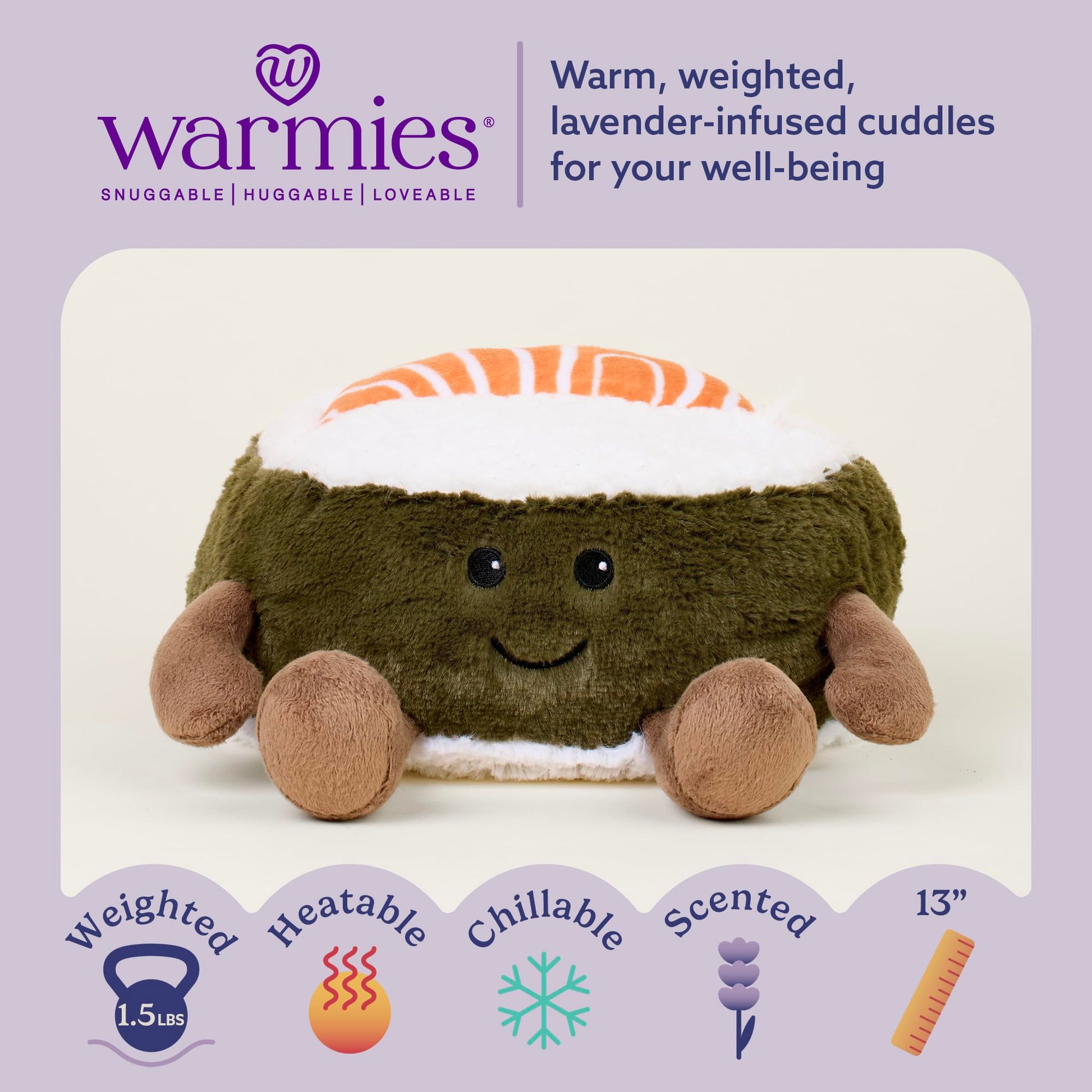 warmies Microwavable & Weighted Stuffed Animals, Salmon Sushi - Heated Stuffed Animal Plushie for Warmth & Comfort - Cute Soft Plush Toys for Adults