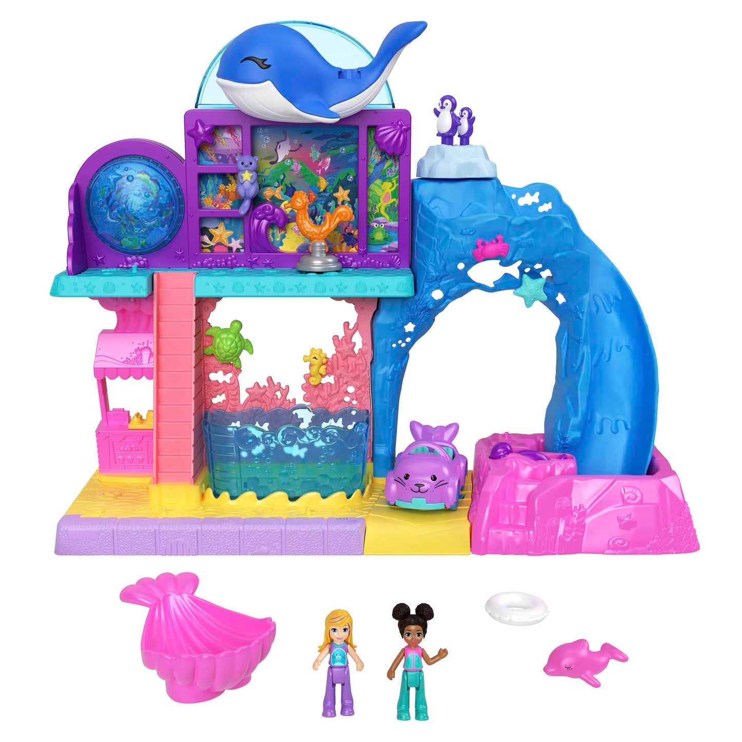 Polly Pocket Pollyville Aquarium Set With Shani, With Two Dolls, Small Car And 11 Accessories Including 8 Sea Animals, Children's Toy, From 3 Years,
