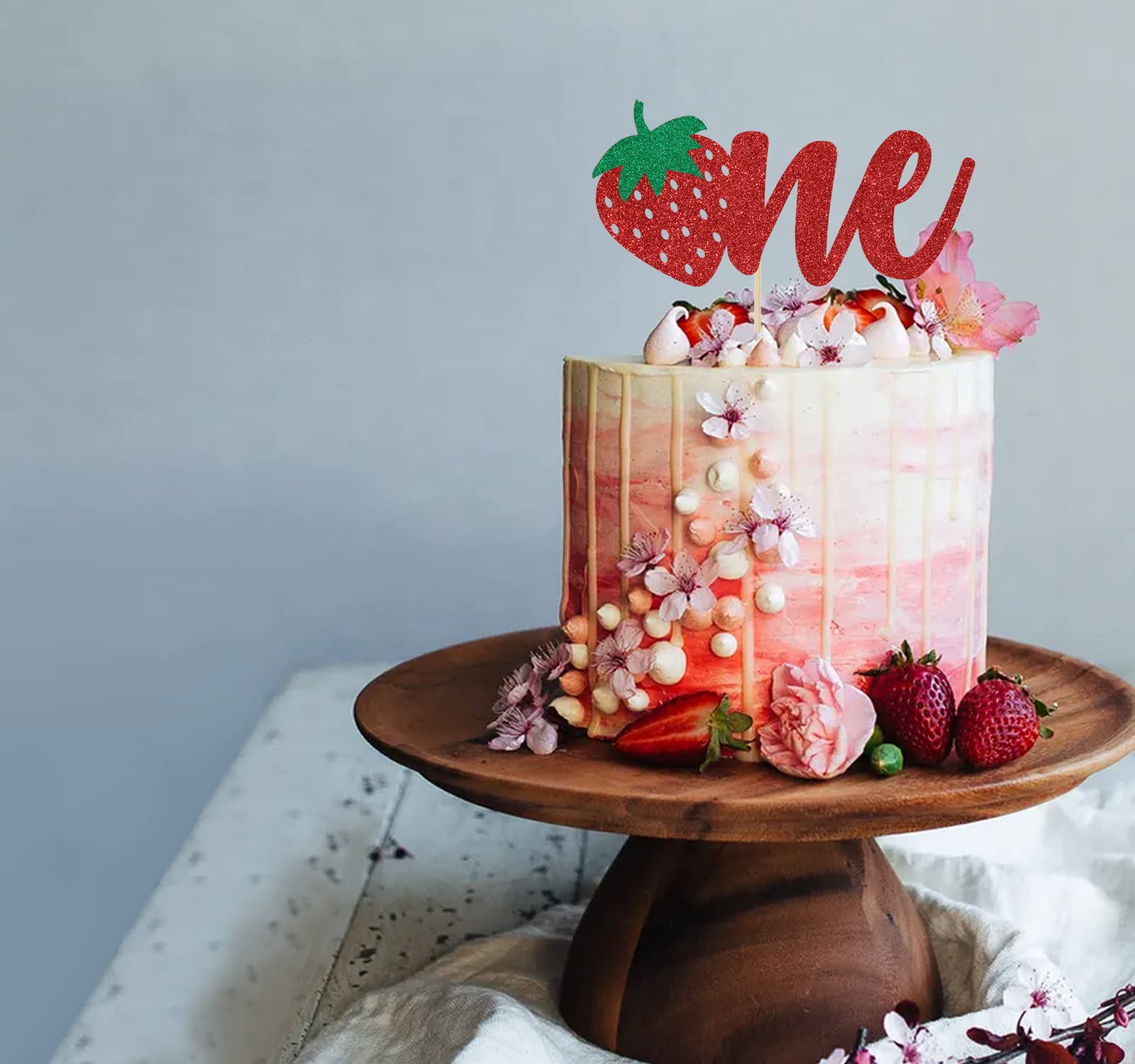 Red Glitter Strawberry One Cake Topper, Berry 1st Birthday/A Sweet Little Berry is on the Way, StrawberryThemed Baby's 1st Birthday Baby Shower Party