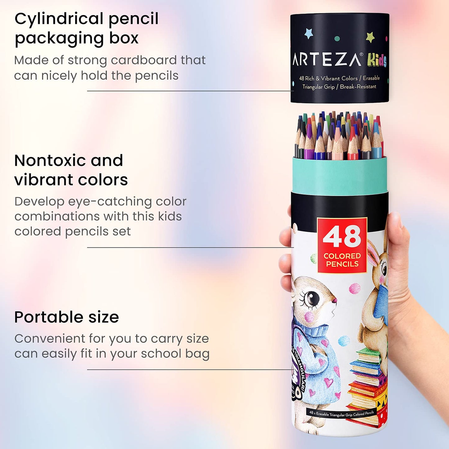 Arteza Kids Erasable Colored Pencils, Set of 48, Triangular Pencil Crayons, Pre-Sharpened, Art Supplies for School, Home, Doodling, and Drawing