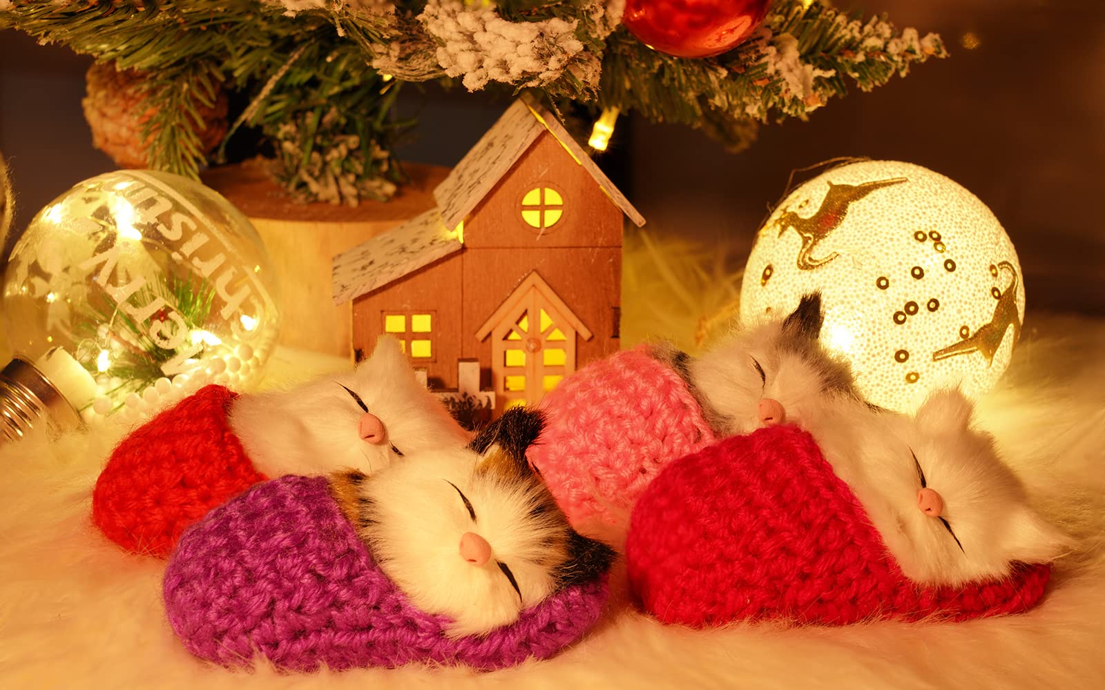 Coolayoung 8 Pieces Sleeping Cats in Slipper Dolls Mini Fluffy Kittens with Meows Sounds Sleeping Kitten Toy Decors for Home Table Car Decor Kids