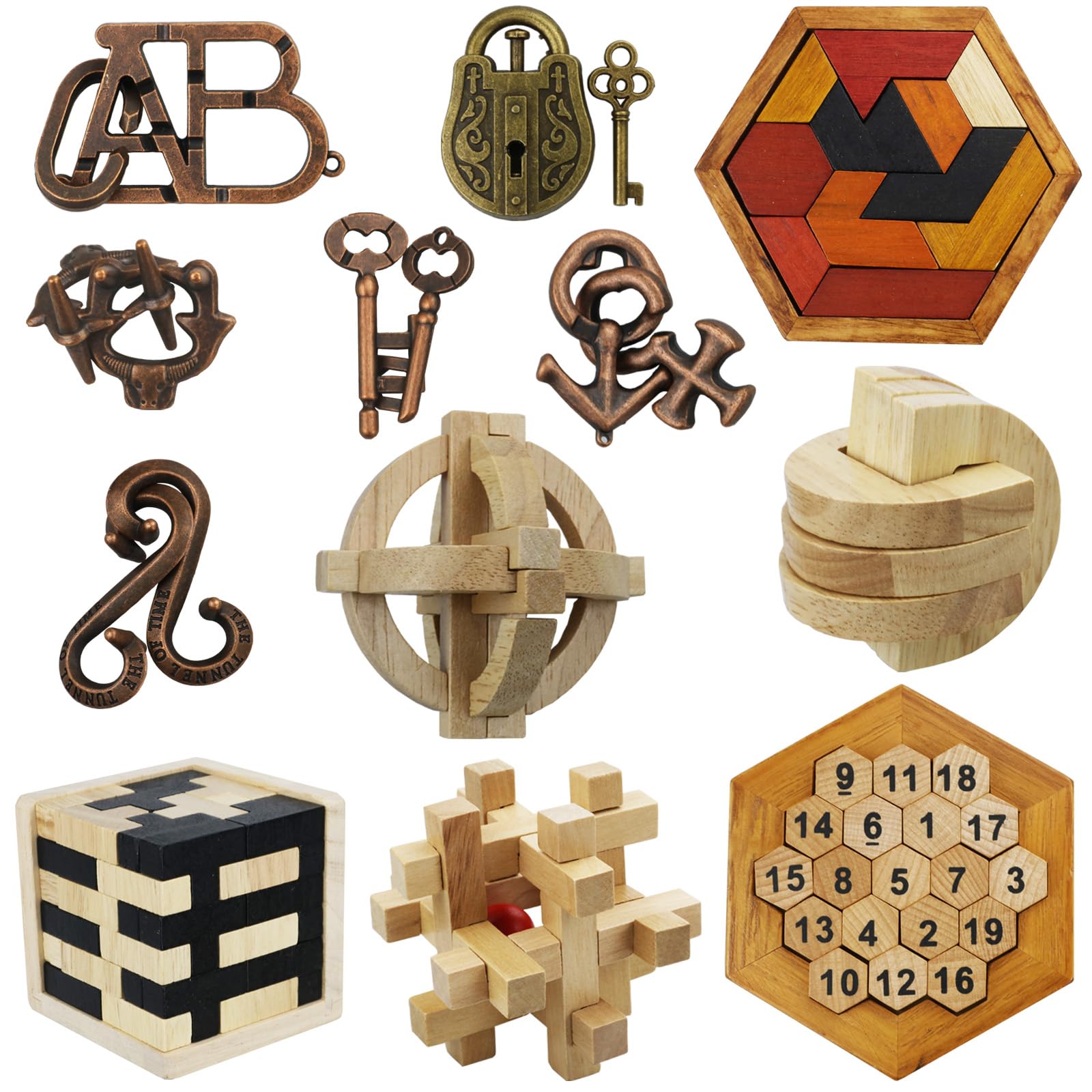 Arlai 12 pcs Wooden Brain Teaser Puzzle and Metal 3D Unlock Interlocking Jigsaw Educational Toy for Kids and Adults Brain Games Durable Easy