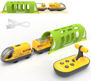 Battery Operated Train for Wooden Track, Electric Train Set Includes Remote Control Locomotive Train & Train Tunnel, Motorized Train Toy for Toddlers