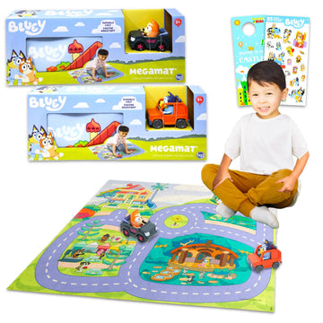 Bluey Play Mat with Vehicle Set for Kids - Bundle with 2 Playmats, 2 Vehicles, Stickers & Castle Door Hanger | Bluey Play Sets for Girls & Boys, Ages
