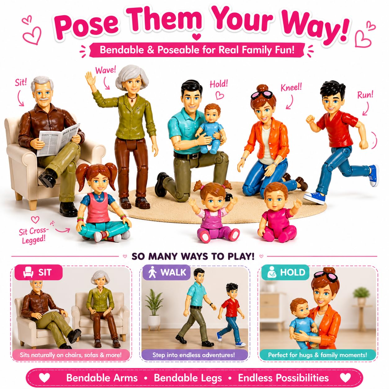 Beverly Hills Sweet Li’l Family Bendable Mini Dollhouse Figures | Set of 9 Grandpa, Grandma, Mom, Dad, Sister, Brother, Toddler, Twin Boy & Girl