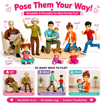 Beverly Hills Sweet Li’l Family Bendable Mini Dollhouse Figures | Set of 9 Grandpa, Grandma, Mom, Dad, Sister, Brother, Toddler, Twin Boy & Girl