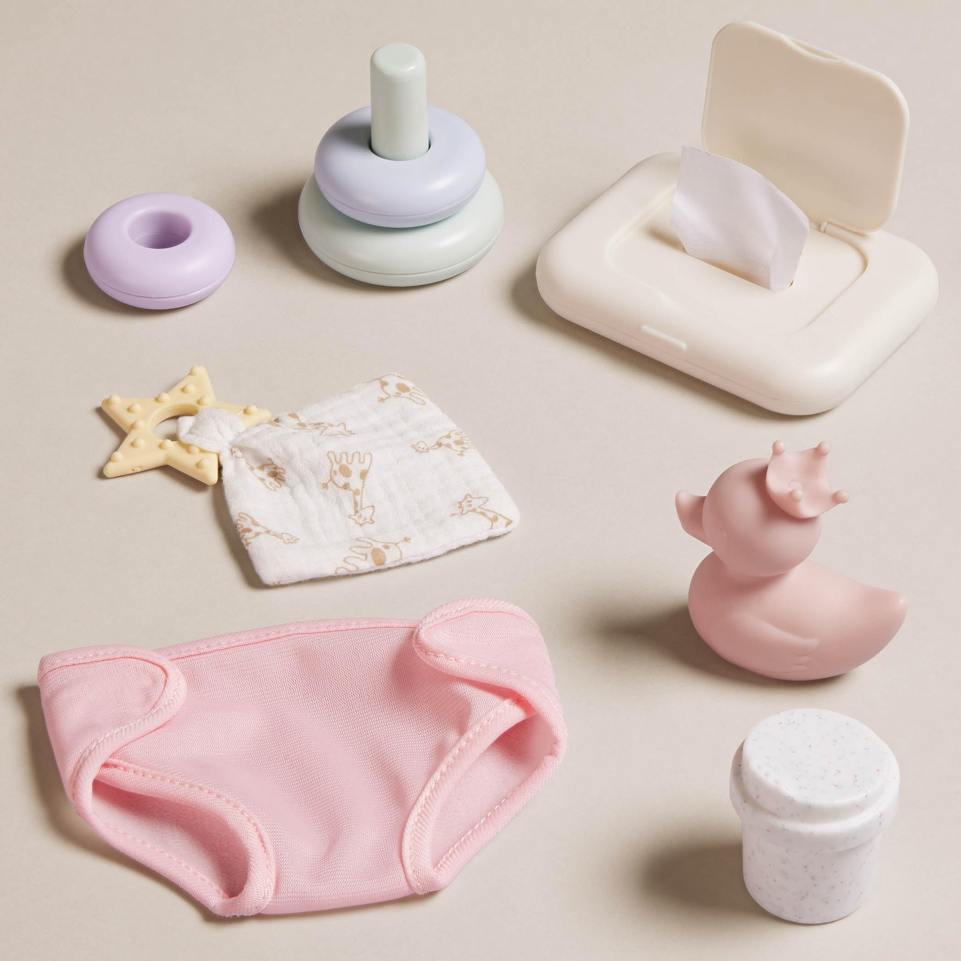 LullaBaby - 9 Pieces Changing Set - Diaper, Baby Wipes & Stacking Rings -14-Inch Baby Doll Accessories - Pretend Play 2+ Years - Play & Care Set