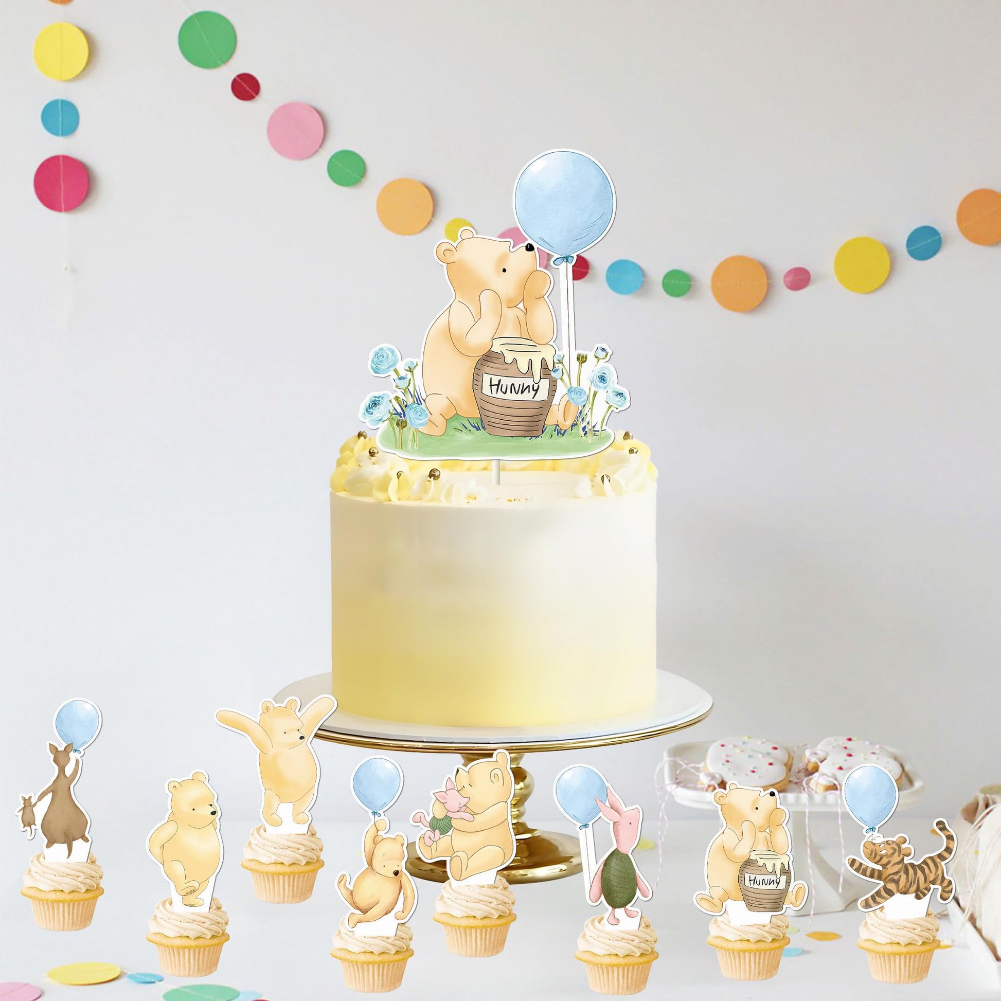Winnie Cake Topper with Cupcake Toppers for Baby Shower Decorations for Boys Winnie Cake Cupcake Decorations Birthday Party Supplies 25Pcs