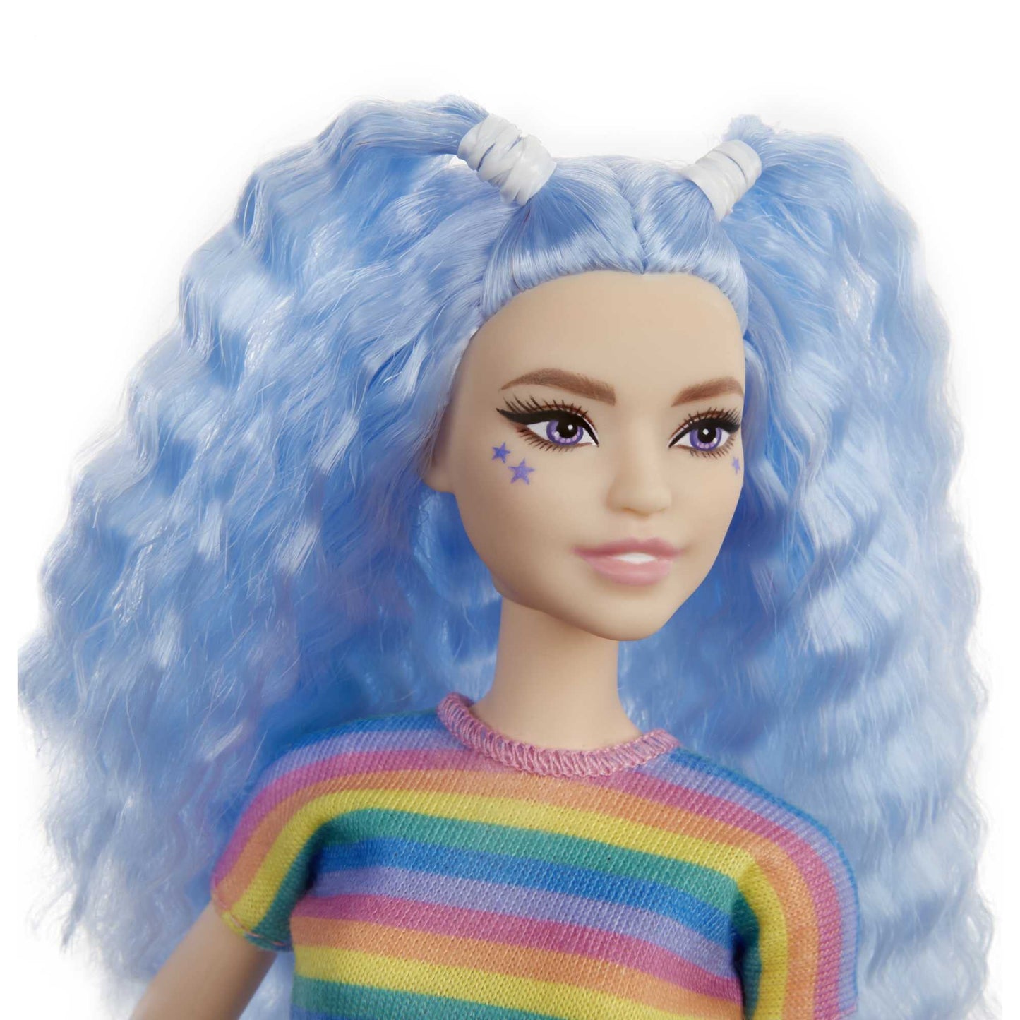 Barbie Fashionistas Doll with Long Blue Crimped Hair, Star Face Makeup, Multi-Color Striped Tee, Denim Skirt, Black Boots & Silvery Chain Belt, Toy