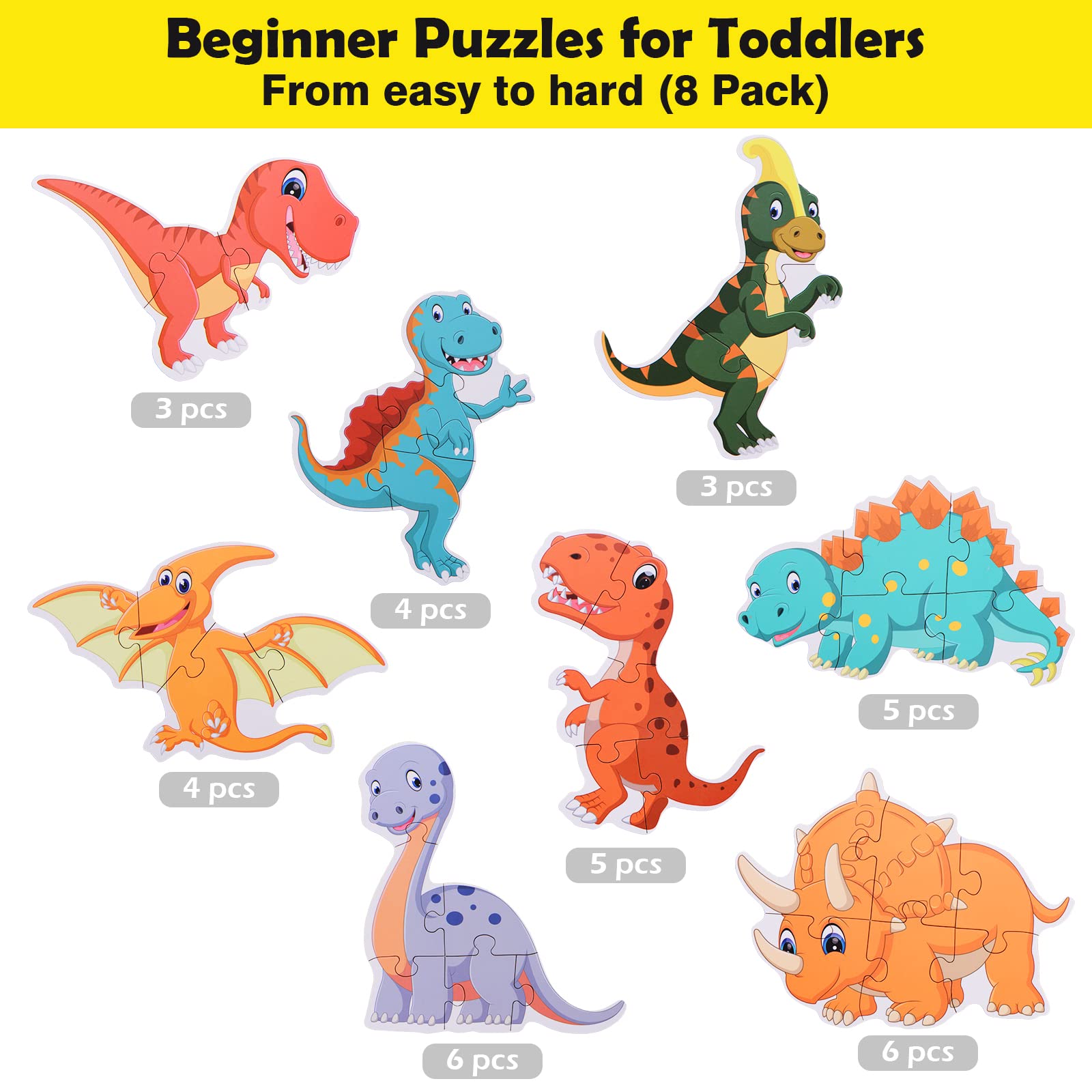 BEESTECH Beginner Dinosaur Puzzles for 3, 4 Year Old Toddlers, 8 Pack Jigsaw Educational Learning Puzzles for Toddlers, 8 Different Dinosaurs
