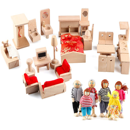 5 Set Dollhouse Furniture Accessories Wooden Bathroom/Living Room/Dining Room/Bedroom/Kitchen House 6 Family Doll Decoration Pretend Play Kids