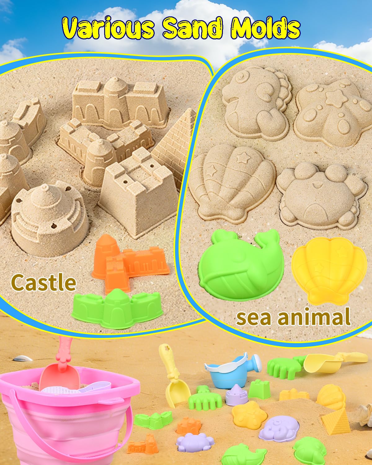 Collapsible Beach Sand Toys for Kids Toddlers with Sand Bucket, Marine Animal Molds, Castle Building Molds, Shovels, Storage Mesh Bag, Travel Sand