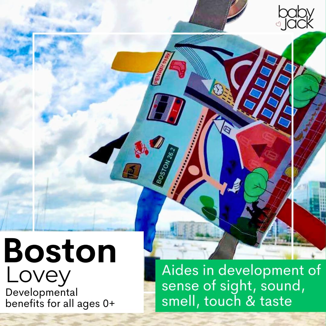 Baby Jack & Co 8x8” Learning Lovey Boston Massachusetts Tag Toys for Babies - Baby Crinkle Toys - Soft & Safe - Learn USA Cities and Shapes - Ideal