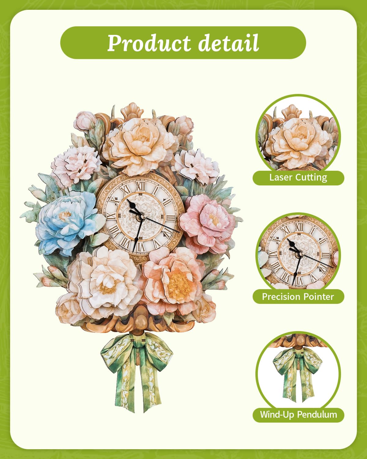 Rnfinewow 3D Wooden Puzzles for Adults, Flower Clock with Pendulum Model Kit, 3D Puzzles for Adults Room Home Decor DIY Wall Clock Kit, Holiday