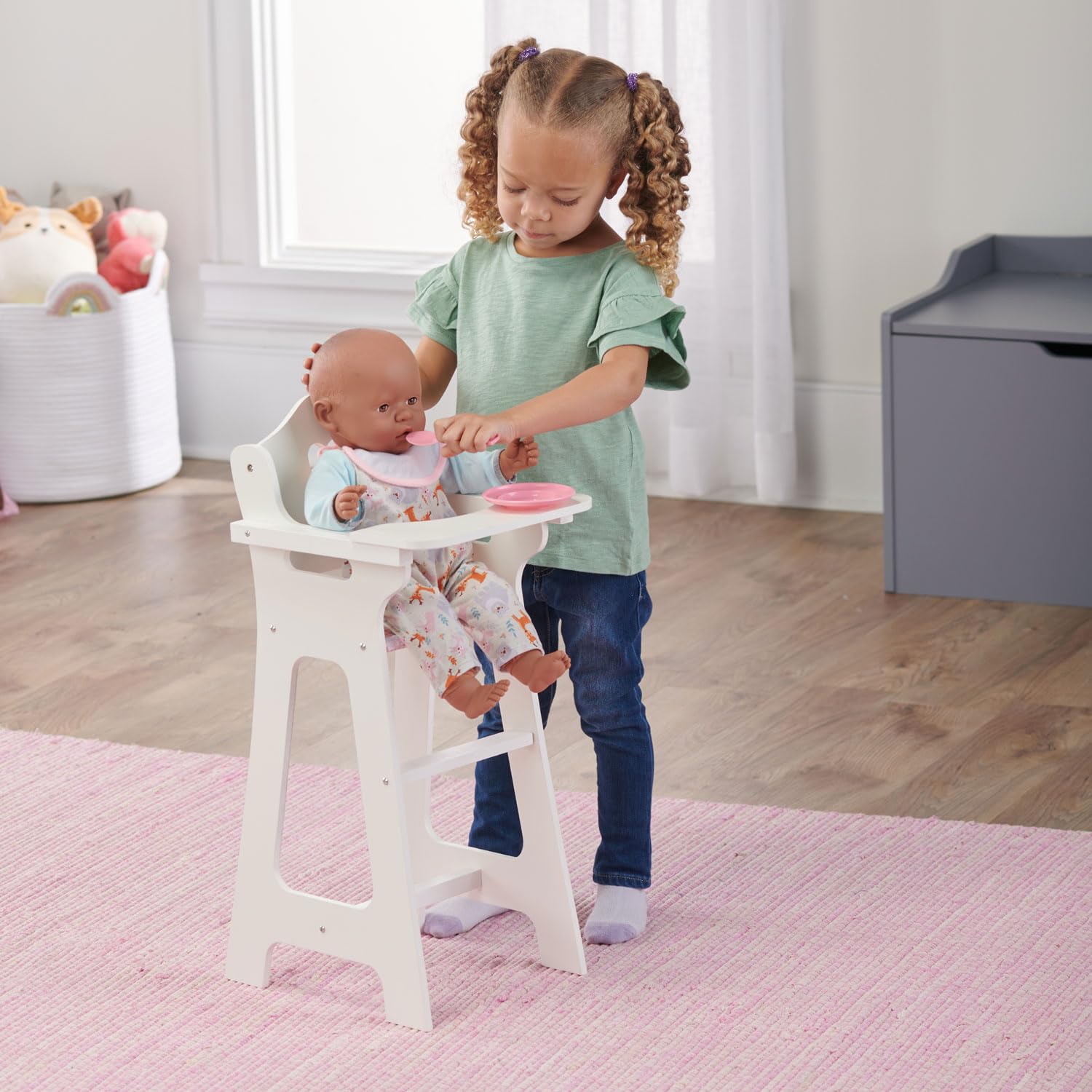 Badger Basket Wooden Baby Doll High Chair - Fits 18" Dolls - Includes Tray, Bib & Free Personalization Kit - Best for Toddler Girls for Pretend Play