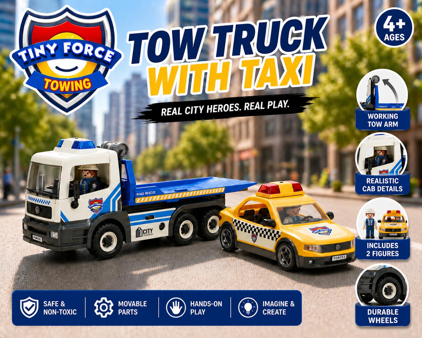 Tiny Force Tow Truck Toy with Taxi, Toy Truck Playset for Boys & Girls, Includes 2 Action Figures & Accessories, Lights & Sounds, Ages 4+
