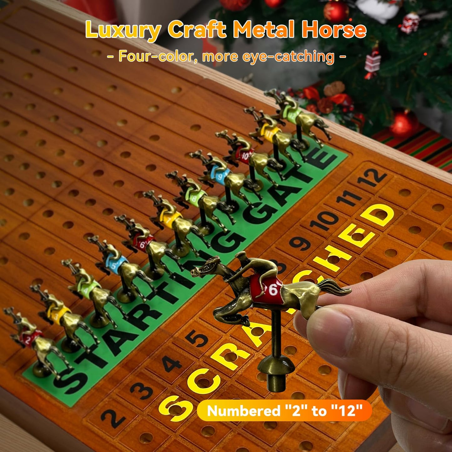 Large 23 inches Horse Race Board Game with Luxury Metal Numbered Horses, 4 in 1 Foldable Wood Horse Race Board Game with Dice Poker Chips/Chess