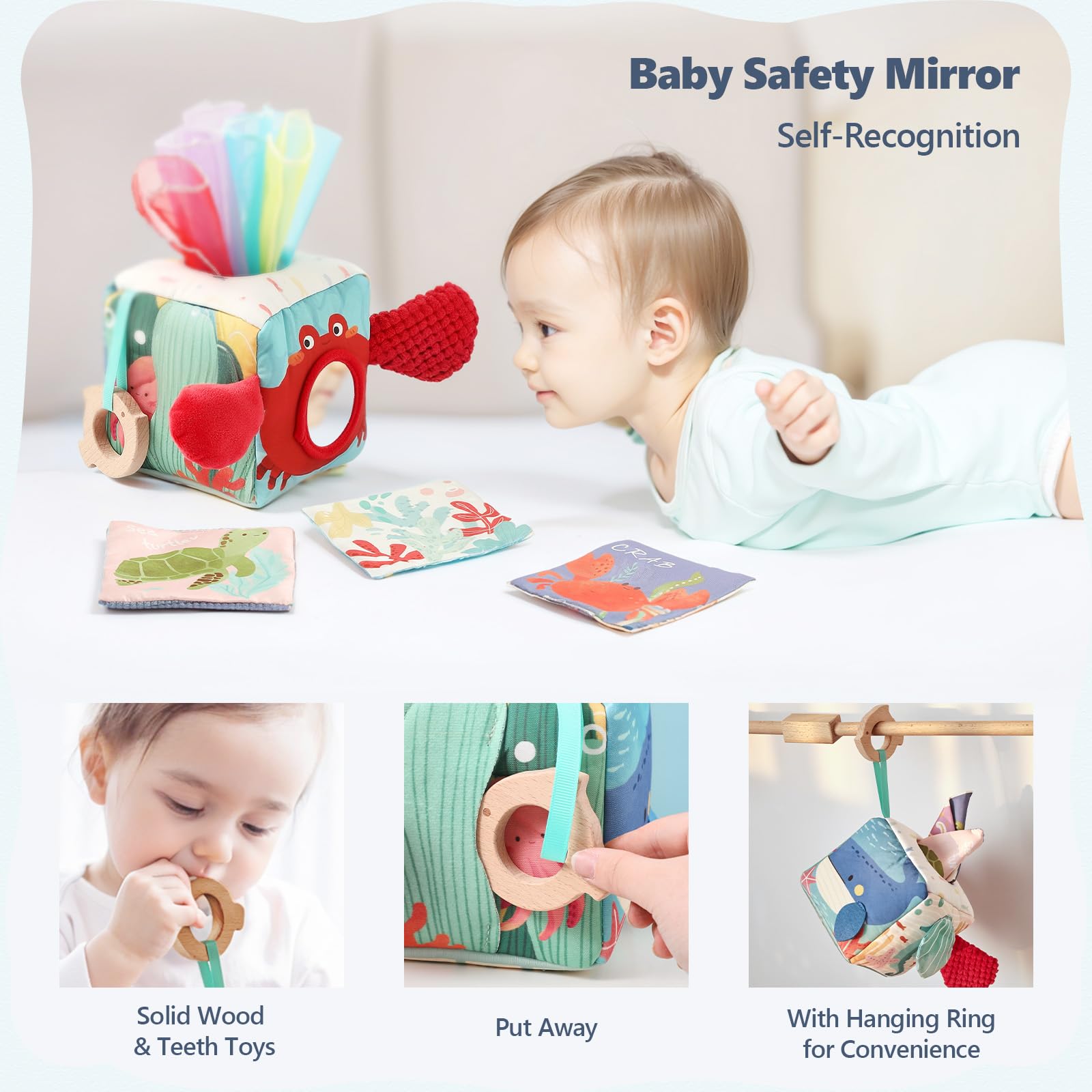 Soft Fabric Tissue Box Toy for 6-12 Months Baby - Sensory Development Toy for Tummy Time, Crinkle Paper & Safety Mirror (Infant Sensory Toy)