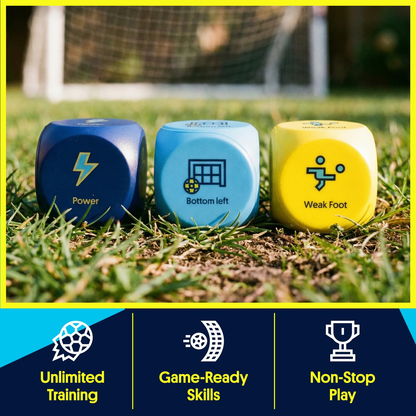 Open Goaaal Soccer Training Dice Game, 3 Dice and Guide