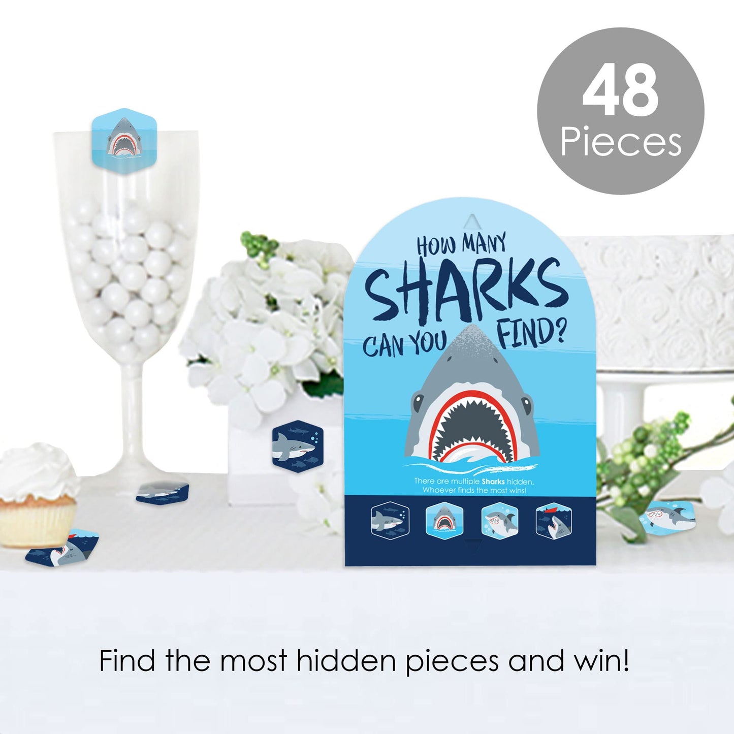 Big Dot of Happiness Shark Zone - Jawsome Shark Party or Birthday Party Scavenger Hunt - 1 Stand and 48 Game Pieces - Hide and Find Game