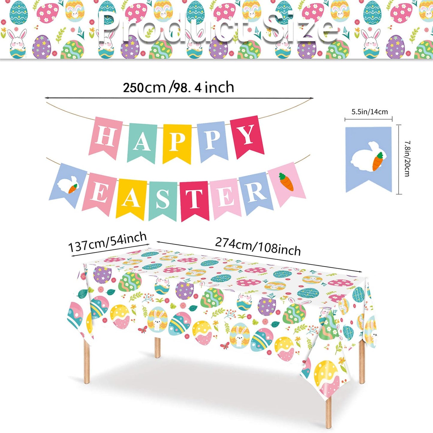 MEILINJIAN Easter Tablecloths 2 Pack Disposable Plastic with Happy Easter Paper Banner - 54x108 Inch Spring Party Decorations for Egg Hunt, Dinner