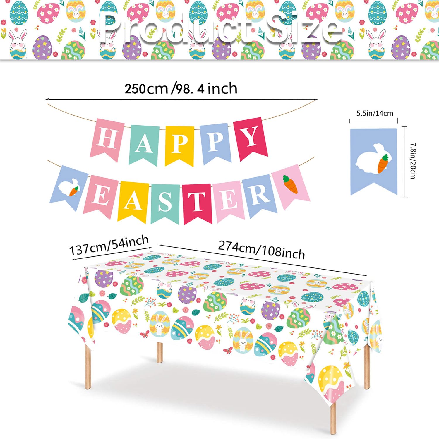 MEILINJIAN Easter Tablecloths 2 Pack Disposable Plastic with Happy Easter Paper Banner - 54x108 Inch Spring Party Decorations for Egg Hunt, Dinner