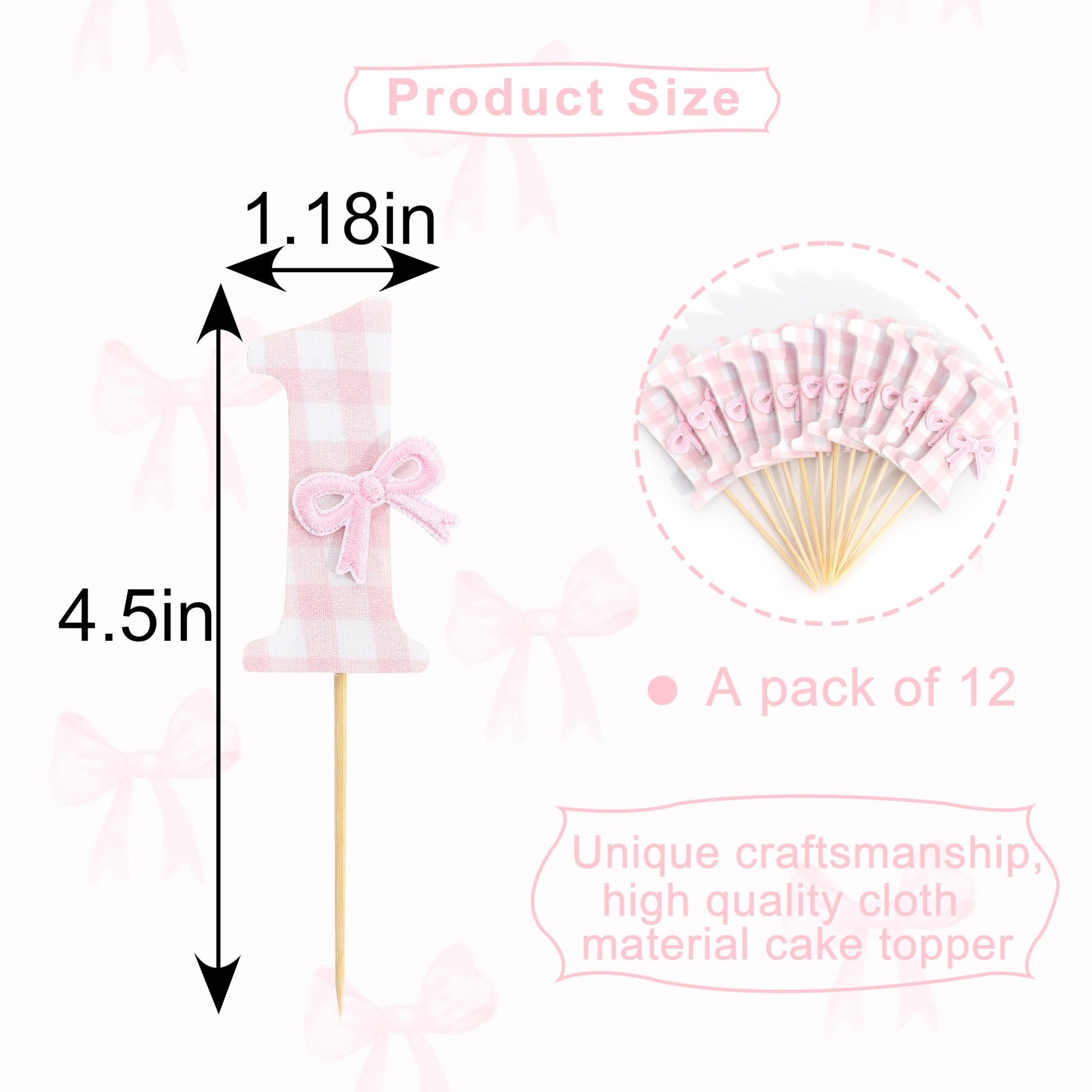 12Pcs Bow 1st Birthday Cupcake Toppers - Sweet One Birthday Decorations,First Wedding Anniversary Bowknot Cupcake Toppers,Pink Bow Cake Smash Photo