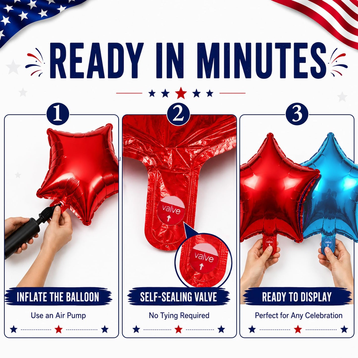 18 Pieces 18 Inches Red White Blue Stars Balloons, USA Themed Aluminum Foil Balloons for 4th of July, Independence Day Patriotic Birthday Party