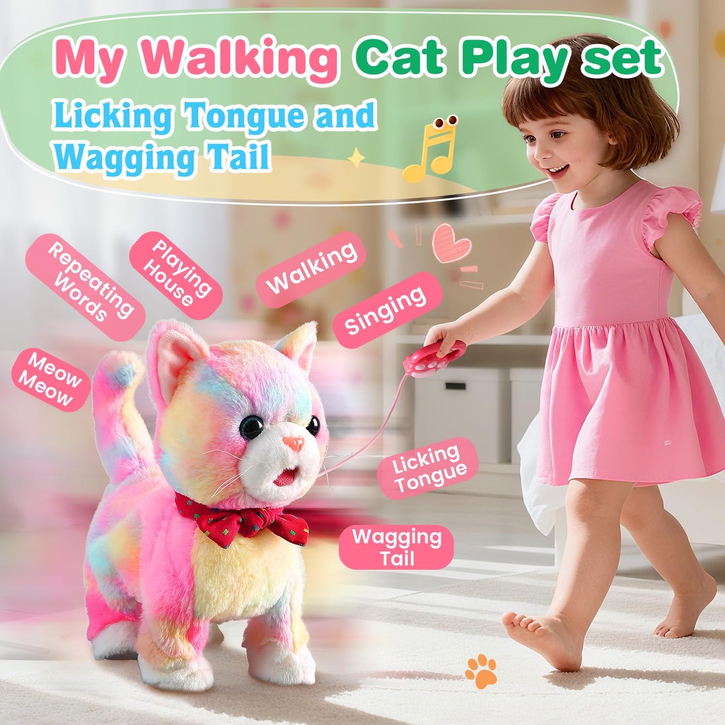 Colorful Leash Walking Cat for Girls Set Toy Interactive Talking Singing Cat Kids Remote Control Walking Kitten Dancing Kitten Mimicking Robotic Kitty