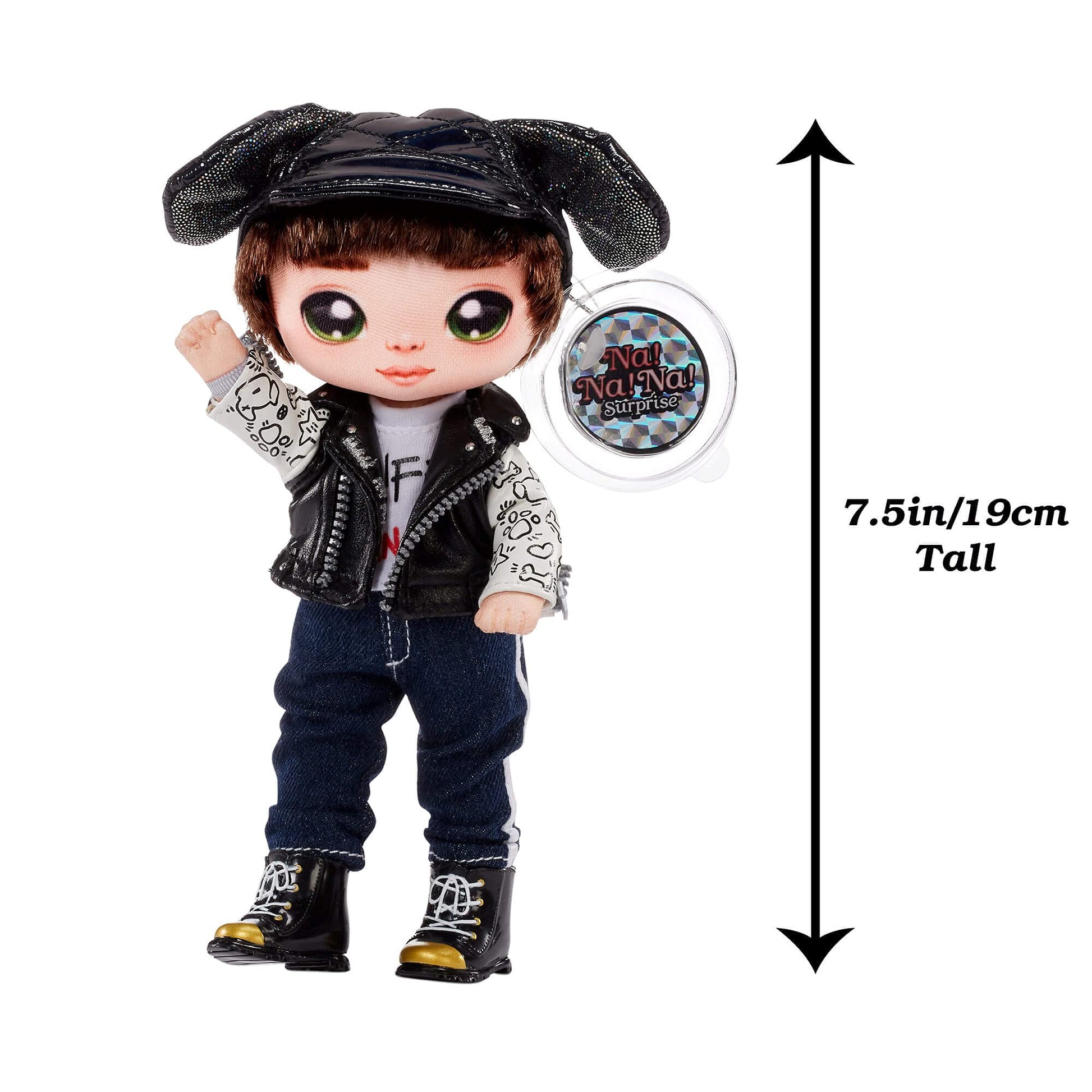 Na Na Na Surprise Glam Series Maxwell Dane Fashion Doll and Metallic Puppy Purse, Brunette Hair, Cute Dog Ear Hat Outfit & Accessories, 2-in-1 Gift