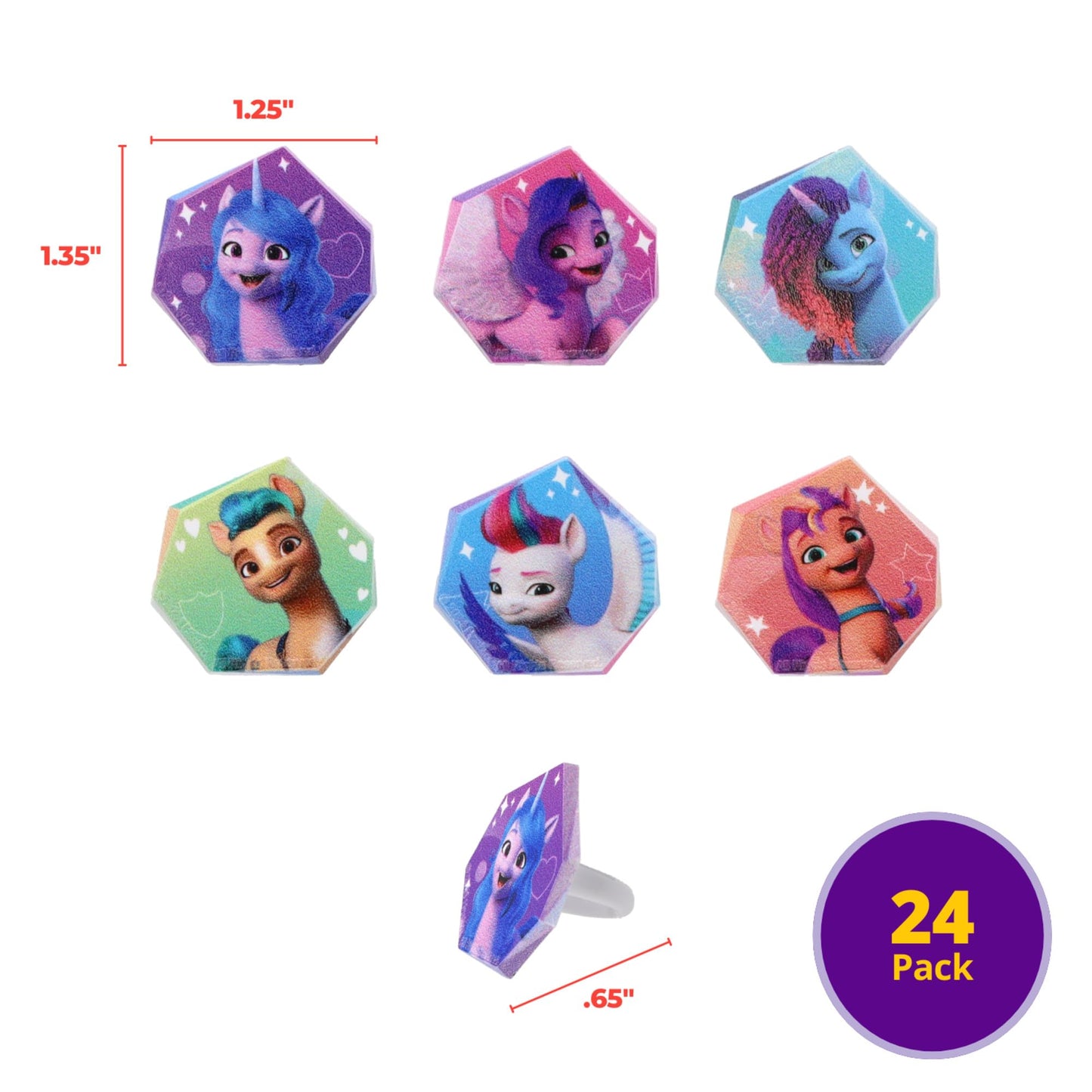 DecoPac My Little Pony Rings, 24 Cupcake Toppers Featuring 6 Designs, Food Safe Cake Decorations For Birthday, Party, Celebration - 24 Pack