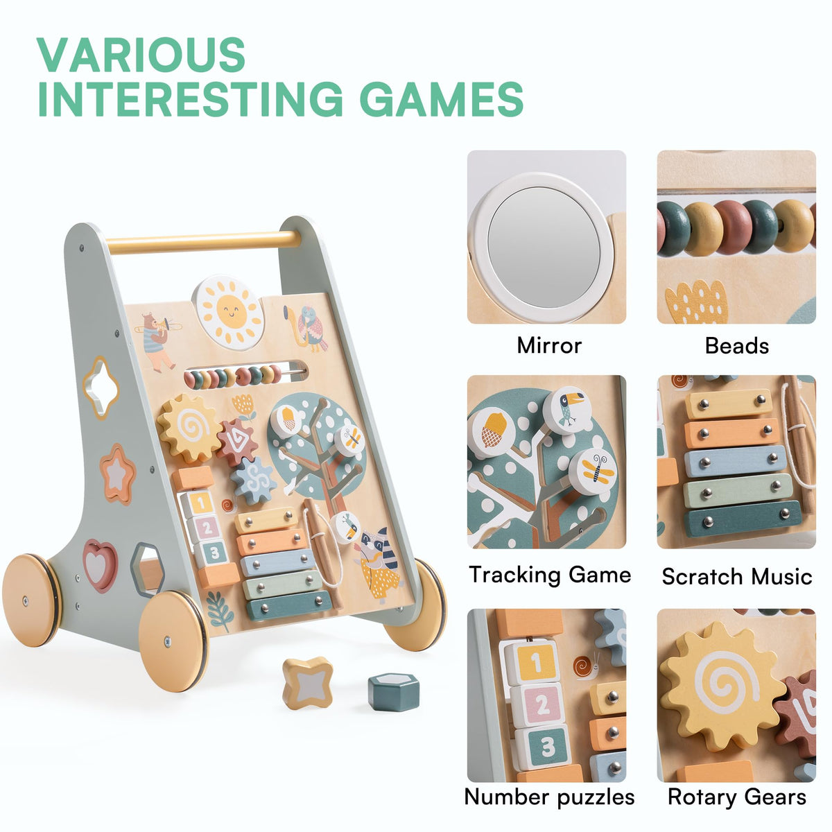 ROBOTIME Wooden Baby Walker, Wooden Push Walker with Wheels, Montessori Push Toys for Babies Learning to Walk, Baby Walkers Activity Center for Boys
