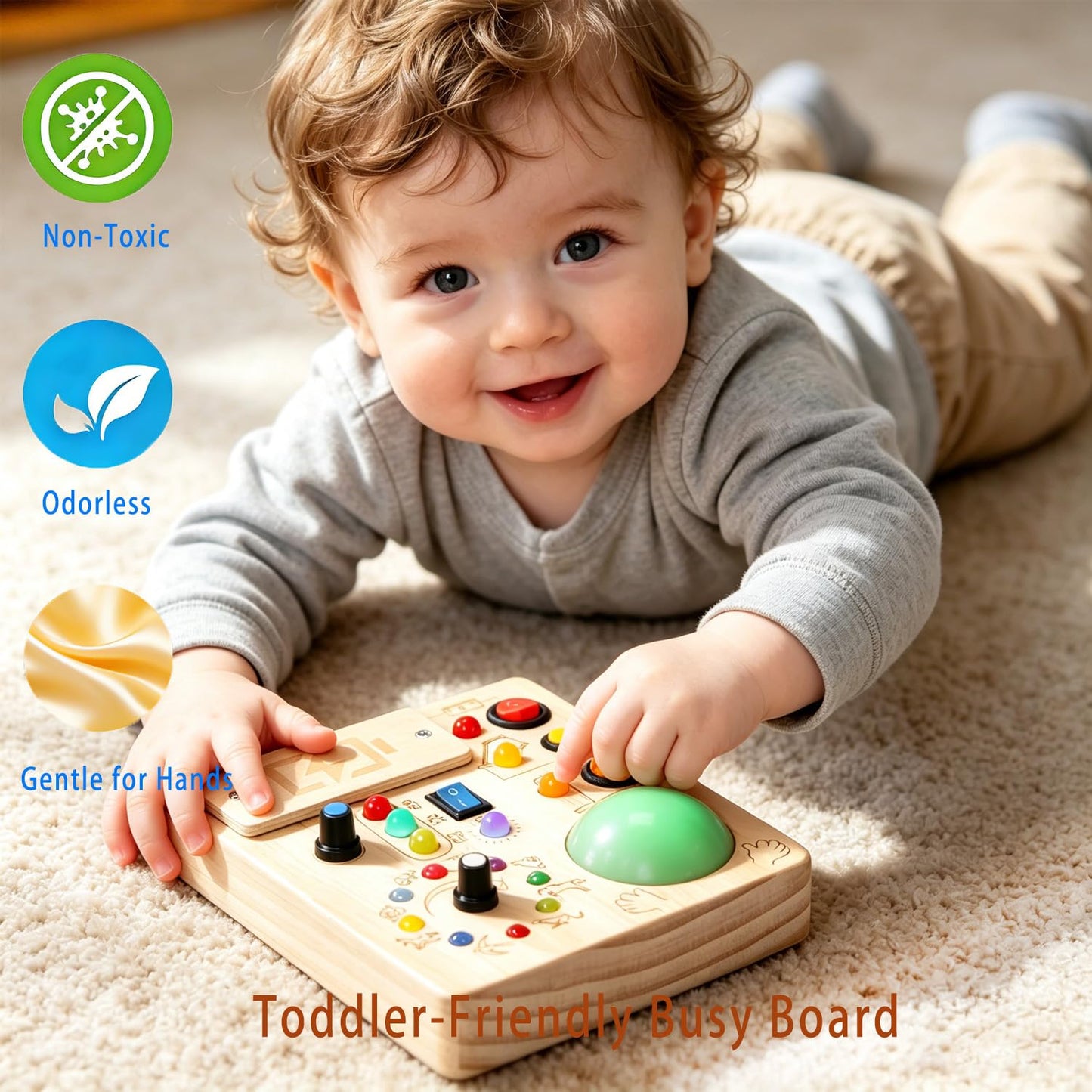 Toddler Busy Board ,Montessori Toy with Tap Light ,6.9"x5.9" Wooden Busy Board with LED Traffic Light for Kids , Travel Sensory Toys for 1+ Year Old