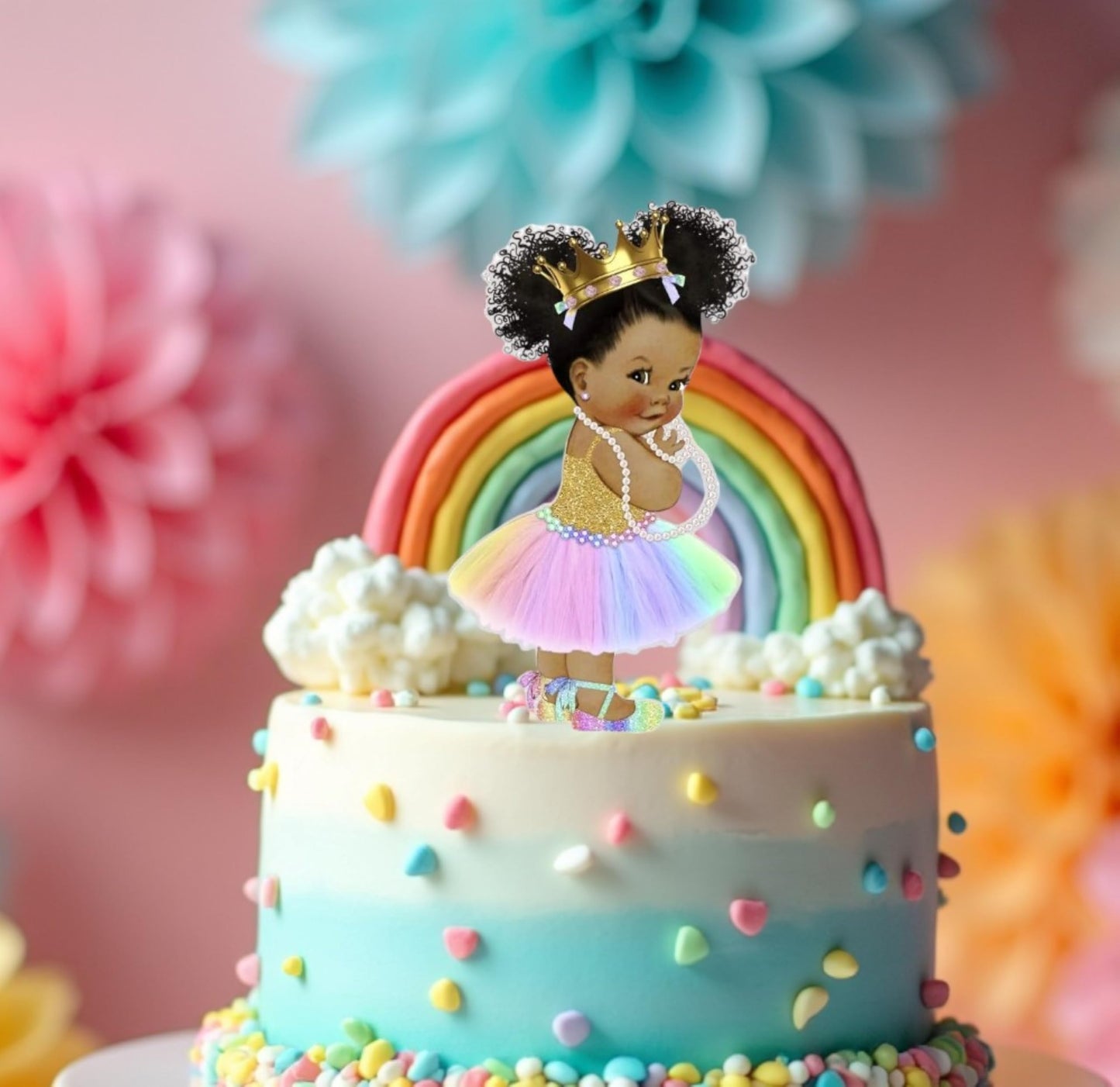Rainbow Princess African American Centerpieces Table Decoration, Diaper Toppers Unicorn Princess Table Party Decoration
