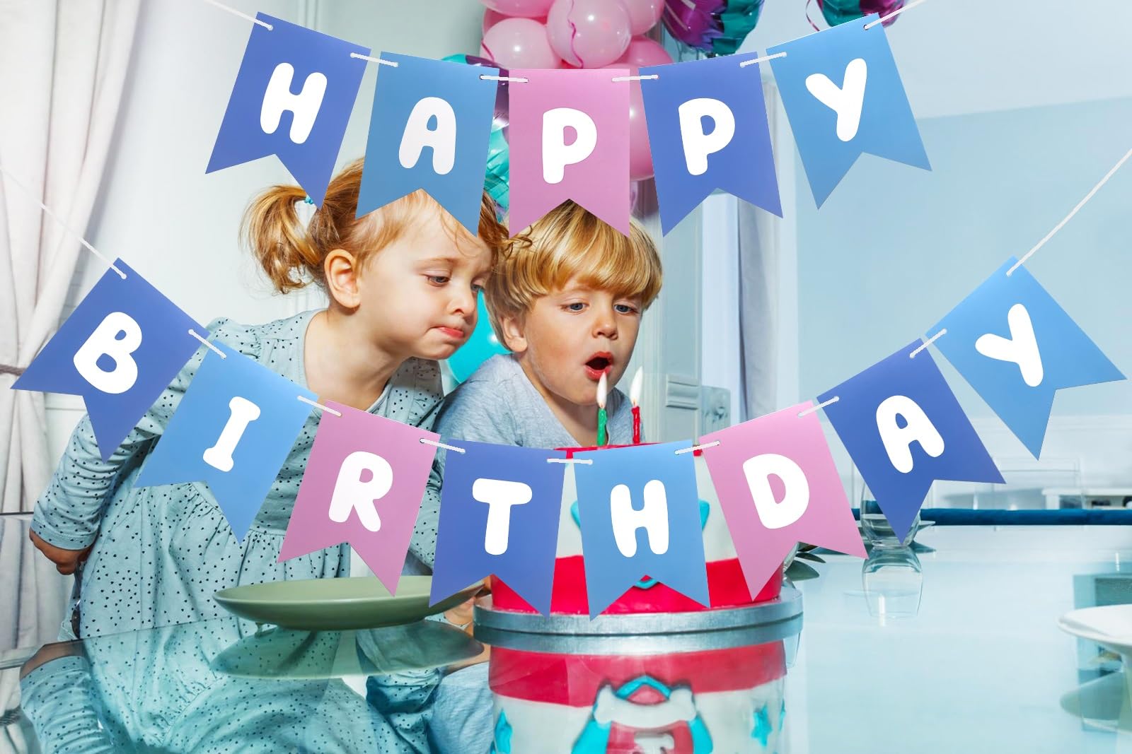 Blue Pink Happy Birthday Banner, Cute Birthday Bunting Decorations for Kids Girls Women Party Supplies