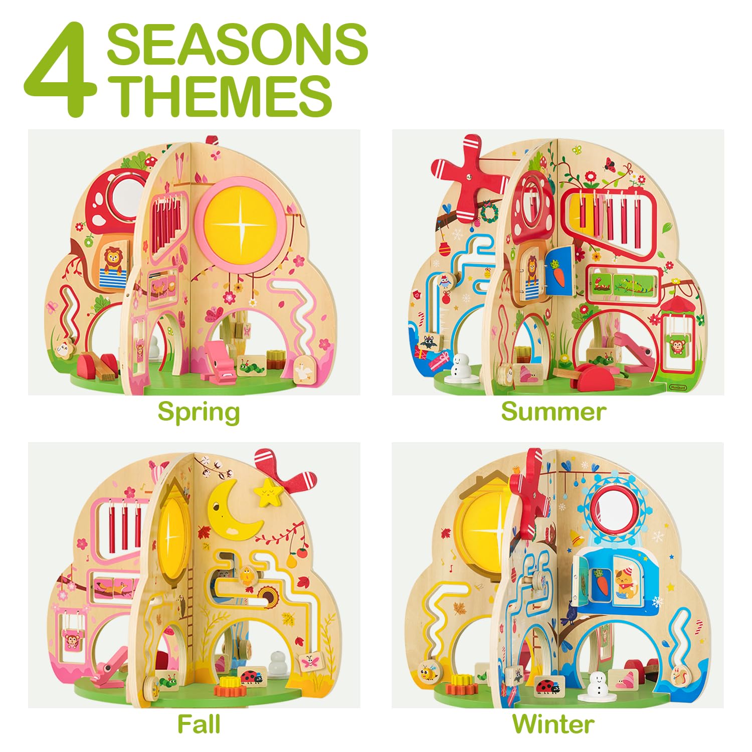Monläurd® Montessori Wooden Tree Activity Center, Sensory Table & Busy Board for Toddlers 1-3, 4-Season Learning Activity Cube for Playroom & Daycare