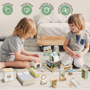 23PCS Wooden Dollhouse Furniture Set for 5 Rooms, Miniature Doll House Accessories & Furniture Toys for Toddlers, Indoor Scenes Pretend Play Toy