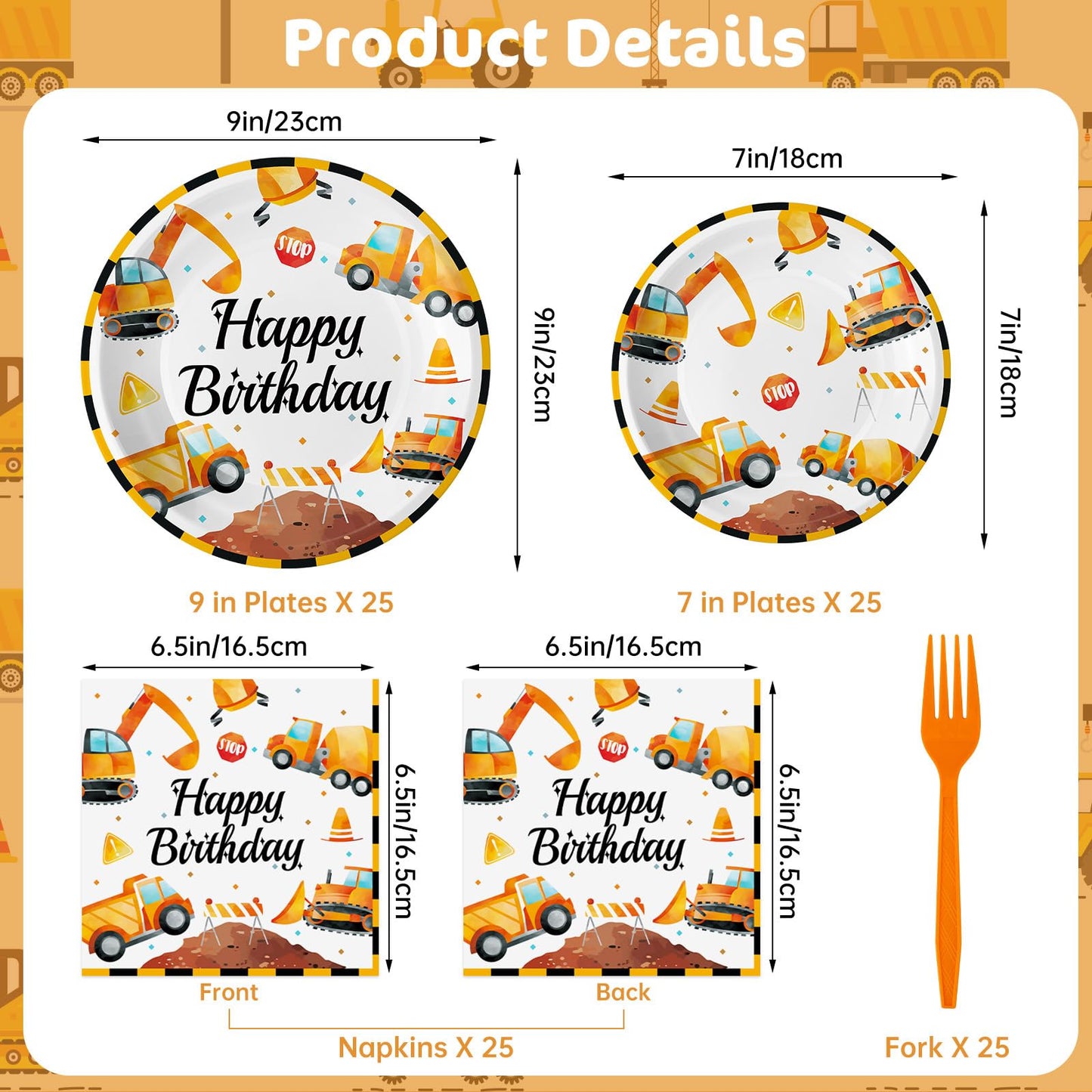 100 Pcs Construction Birthday Party Supplies - Construction Themed Plates and Napkins Forks Set, Disposable Dump Truck Tableware for Boys Kids