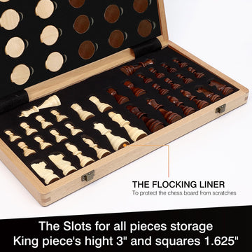 LEAP Wooden Chess and Checker Sets - 15" Walnut & Maple Folding Chess Board with 2 Extra Queens | Chess Board Set | Wooden Chess Sets for Adults
