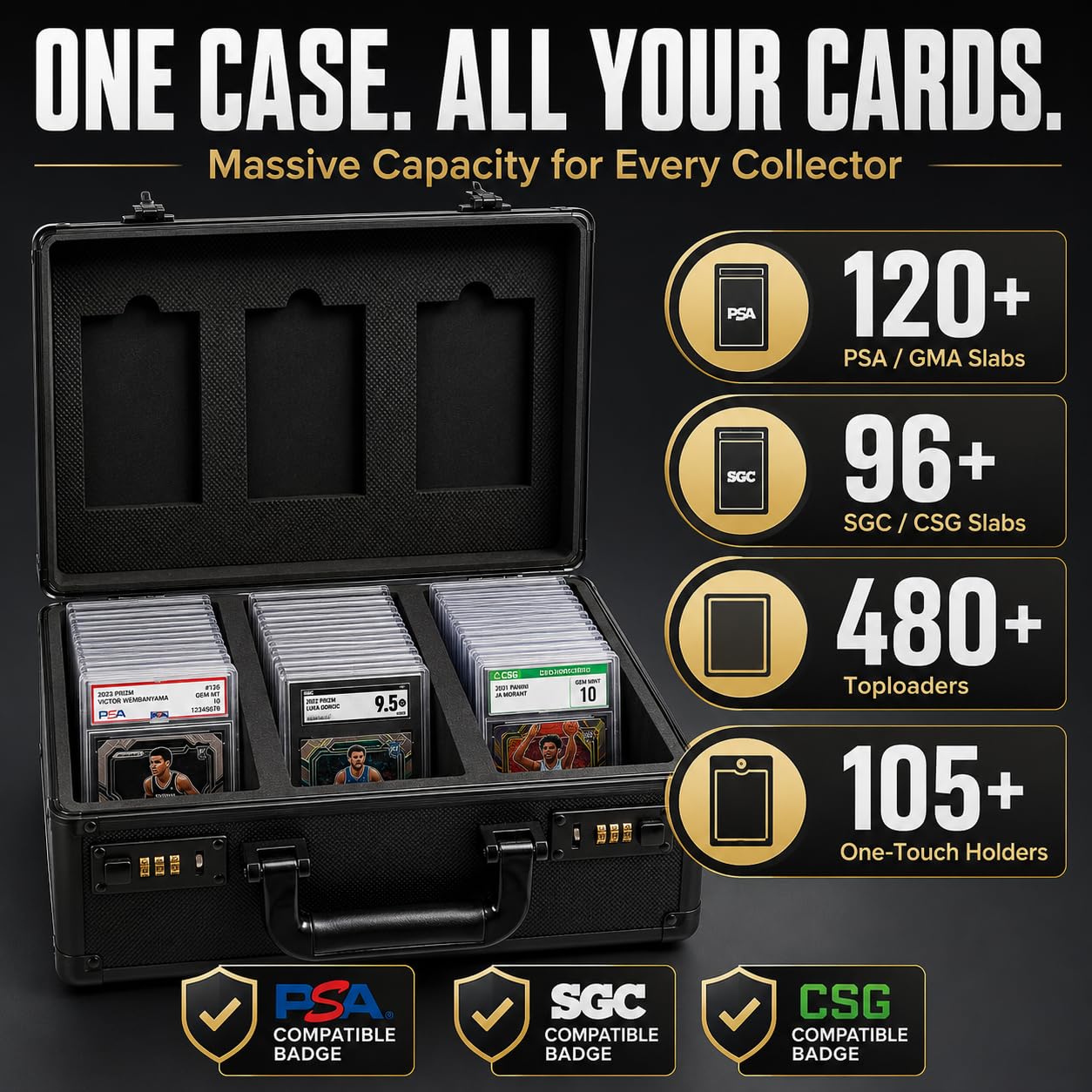 Poshy Graded Card Case - Durable PSA Slab Case with Combination Lock - 3 Row Graded Card Storage Box with 6 Foam Inserts - Compatible with PSA, GMA