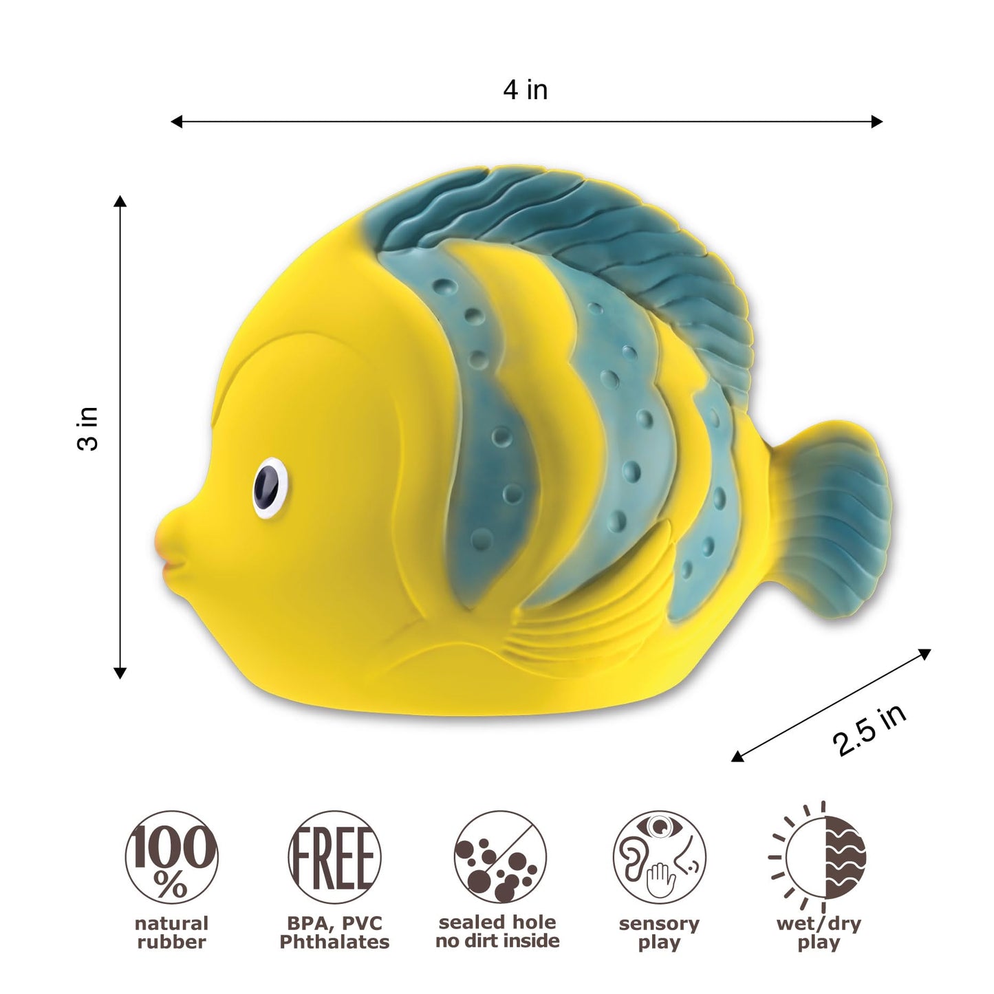 CaaOcho Pure Natural Rubber Bath Toy - La The Butterfly Fish Baby Toy - Hole Free Bath Toys, BPA Free Bath Toys for Infants, Without Holes Sealed